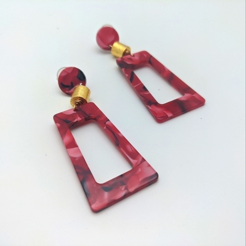 Vintage Cherry Red Geometric Drop Earrings